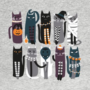 High Gothic Halloween Cats // print // grey background orange grey pine green white and black kittens T-Shirt